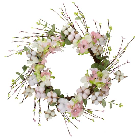 18" Pink & Green Hydrangeas w/ Cotton Artificial Wreath By Northlight in White | 18" x 10" | Michaels®